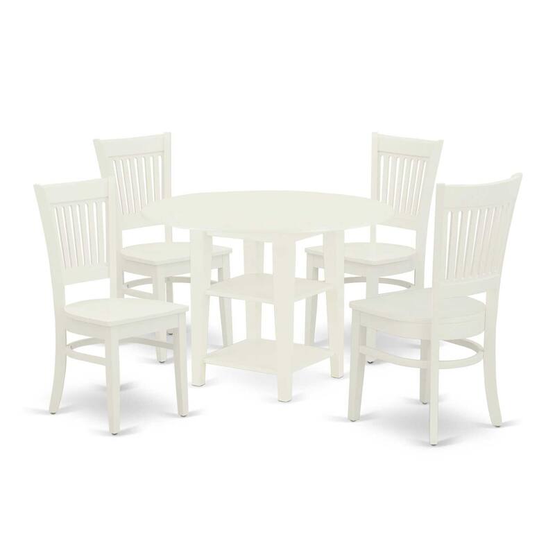 5-Piece Linen White Finish Solid Wood Top - Round Dining Room Set - Seats 4