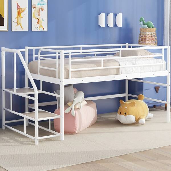 slide 2 of 17, White Twin Size Metal Mid Loft Bed with Storage Stairs and Fence White