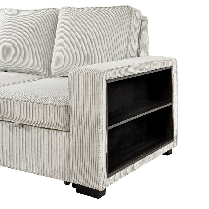 L-Shaped Sectional Convertible Sleeper Sofa Bed with Storage, USB Port & Cup Holder - Beige