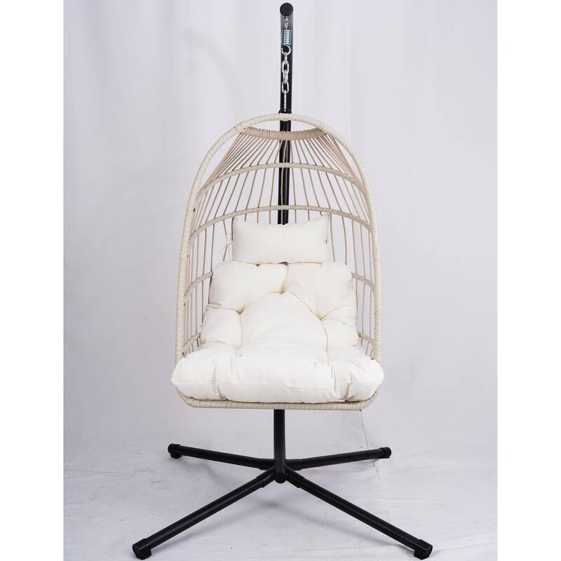 Outdoor Egg Hanging Chair, Swing Chair with Stand & Aluminum-Steel Frame, Patio Rattan Wicker Hanging Swing Egg Chair