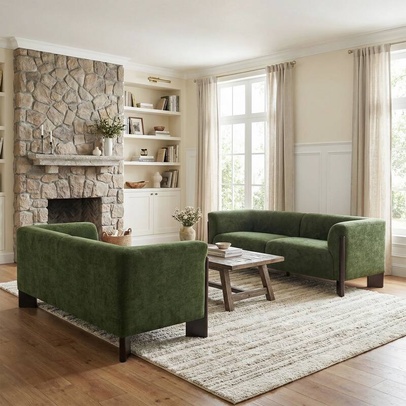 2 Set Modern Deep Seat Tuxedo Arms Sofa Loveseat - Green/ Chenille