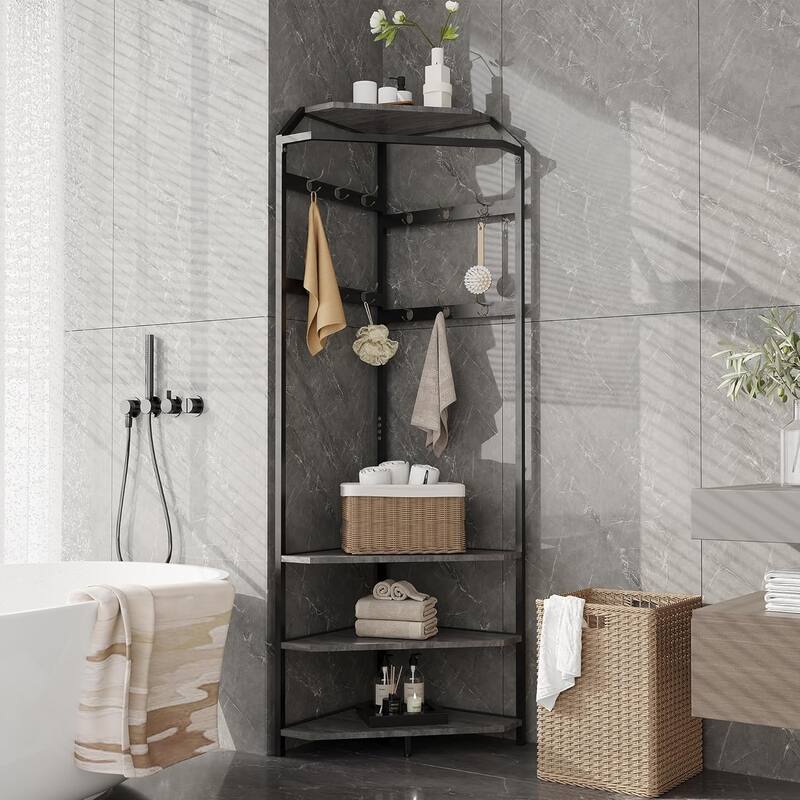 Corner Coat Rack With Shoe Bench Entryway, Corner Hall Tree With 6 Double Hooks