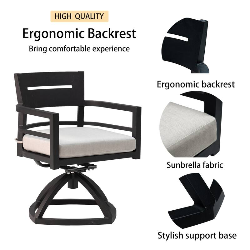 7-Piece Aluminum Dining Set - Rectangular Table with 4 Chairs and 2 Swivel Rockers, Ember Black - 70" D x 40" W x 28.74" H
