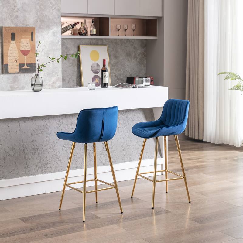 2 Bar Stools with Chrome Footrest Velvet Fabric Counter Stool Golden Leg Simple Bar Stool - N/A - Blue