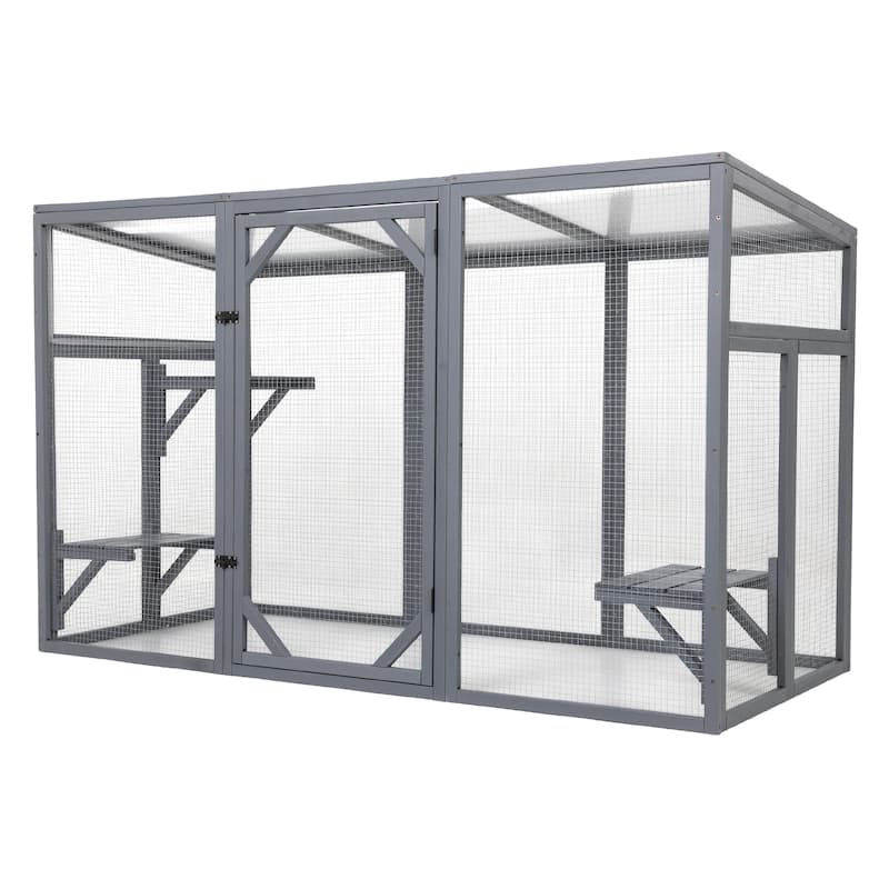 Outdoor Cat Catio House, Outdoor Wood Cat Enclosure with Sun Sheet Roof, Cat Cage Playpen with 3 Platforms & Lockable Doors - Gray