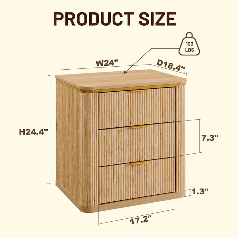 24" Mid Century Modern Fluted 3 Drawers Nightstand, Large End Table