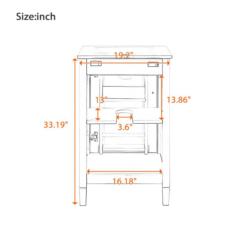 20" Bathroom Vanity with Ceramic Sink, Soft-Close Door, Adjustable U-Shaped Shelf, and Door-Mounted Storage Rack