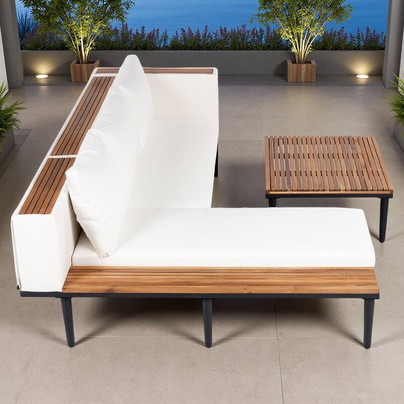 89.4" Outdoor Patio L-Shaped Acacia Wood Sectional Sofa Set with Coffee Table and Side Table - Beige