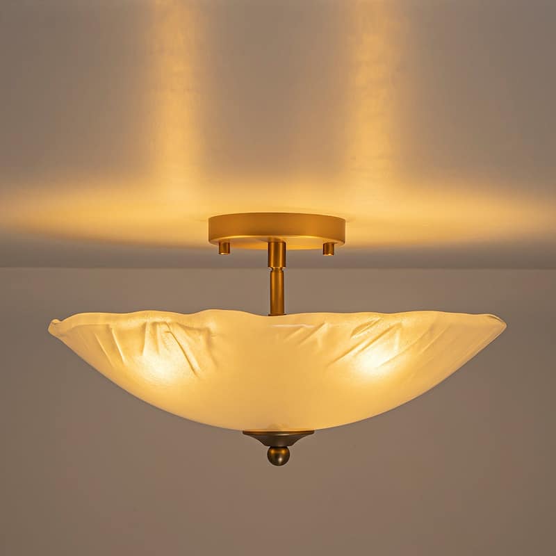 Mid-Century Brass Round Glass Bowl Semi Flush Ceiling Light 15in