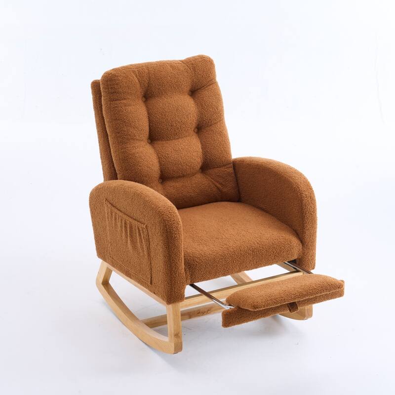 Accent Rocking Chair with Footrest & Storage Pocket, High-Back Rocker, Rubber Wood Lounge Chair