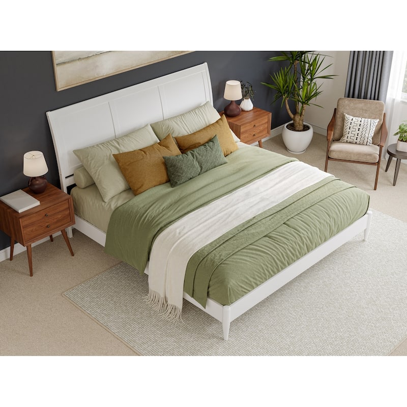 King Size Platform Bed - Solid Wood Sleigh Style Low Profile Bed Frame - White Finish