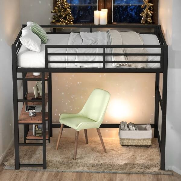 slide 2 of 16, Full Size Metal Loft Bed with Built-in Desk and Storage Shelves, Black Black