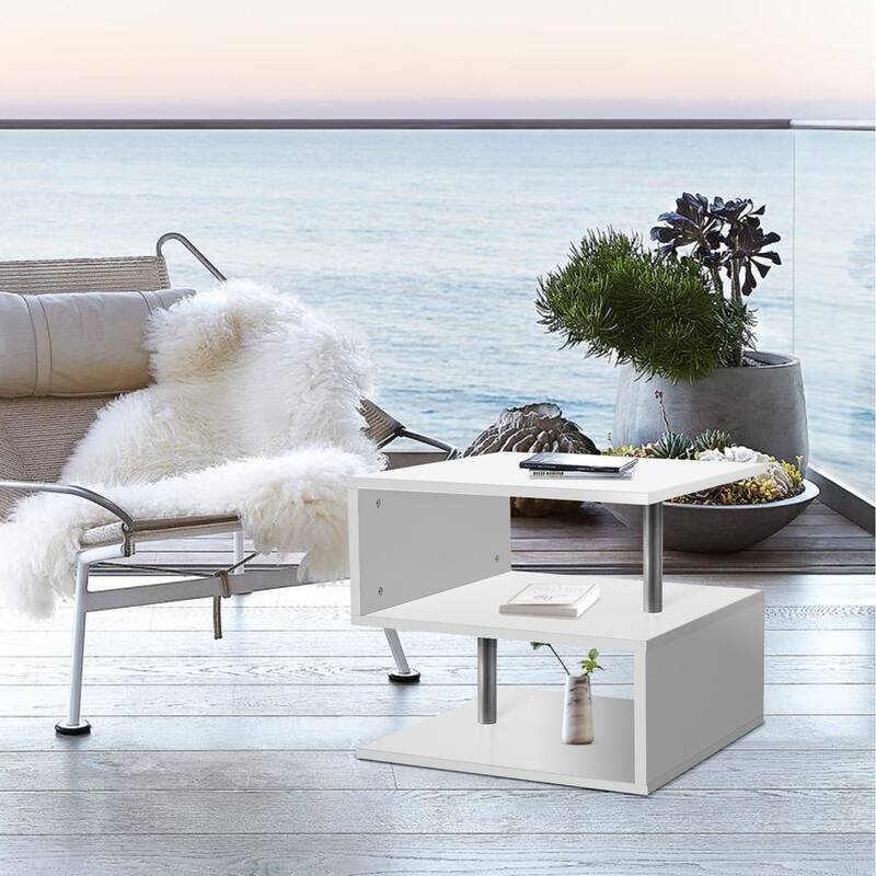 3 Tier S-Shaped End Table Wood Side Table with Storage Shelf - 20.7"H x 17.3"W x 14.9"D