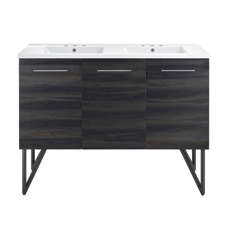Annecy 48 In. Black Walnut, Double Basin Bathroom Vanity With White, 3-Hole Ceramic Sink Top