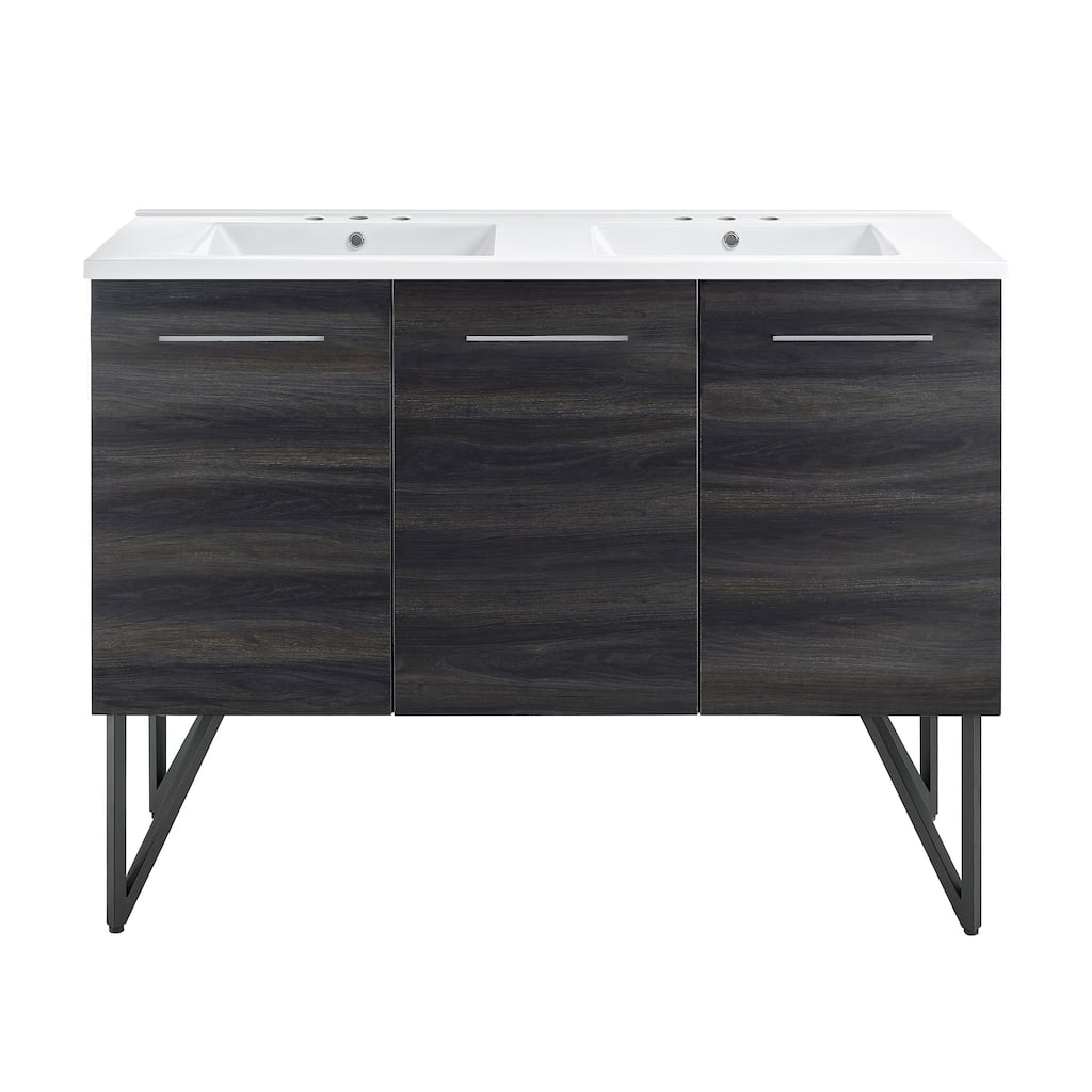 Annecy 48 In. Black Walnut, Double Basin Bathroom Vanity With White, 3-Hole Ceramic Sink Top