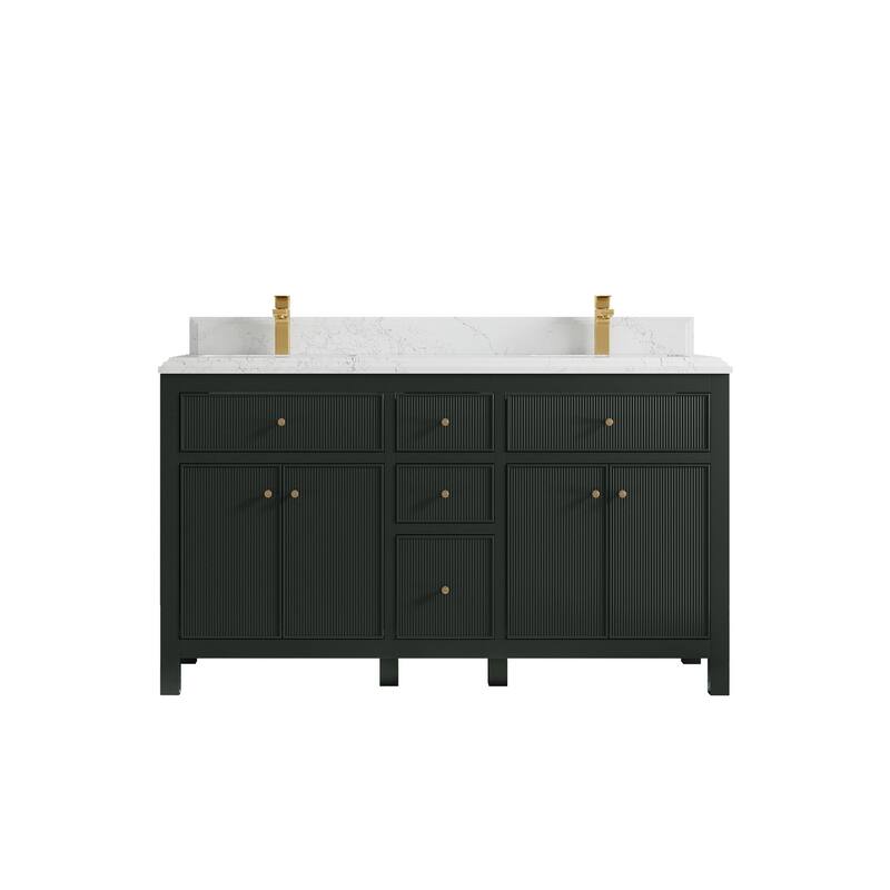 Willow Collections 60 in W x 22 in D Sonoma Free Standing Reeded Double Sink Bathroom Vanity with Countertop - 1.5" Empira White - Dark Forest Green