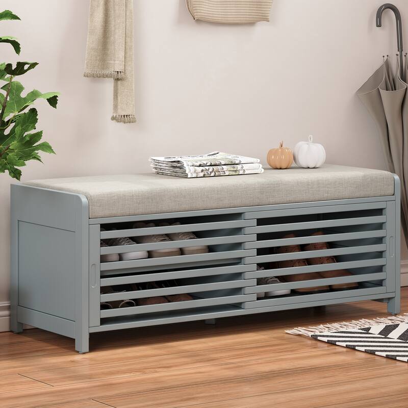 Long Entryway Bench with Shoe Storage, 43.3" Bedroom Upholstered Benches with Wooden Fram, Fabric Bench for Living Room - Grey