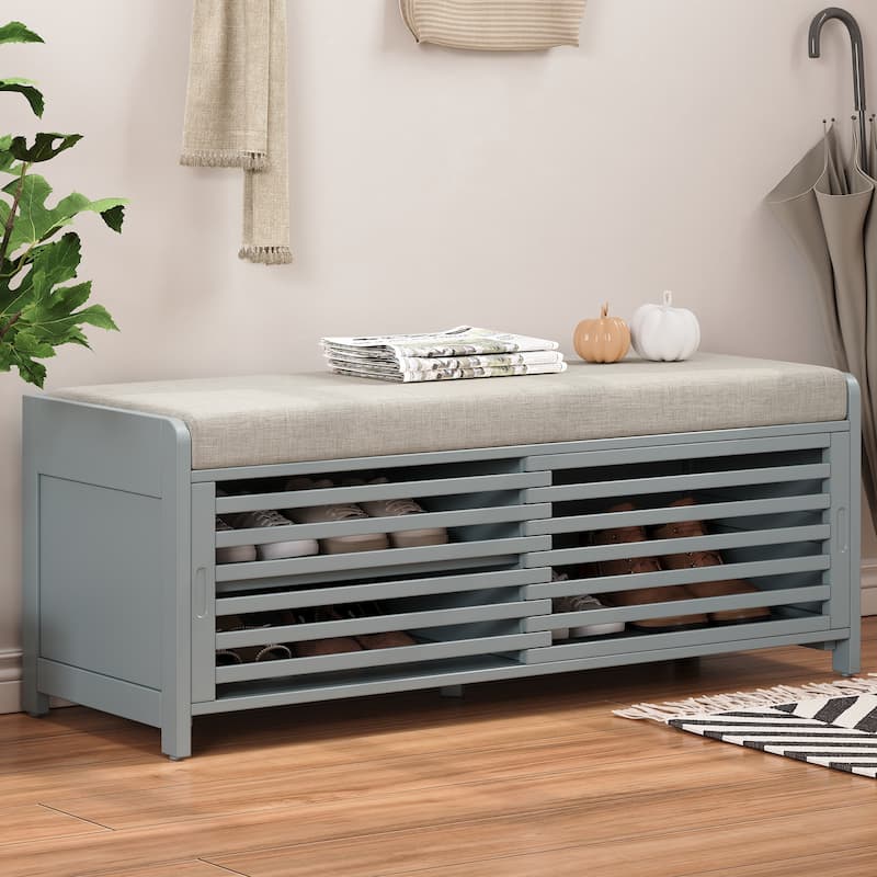 Shoe Storage Bench with Padded Seat Cushion and 2 Sliding Distressed Shutter Doors, Entryway Shoes Bench Storage Ottoman - Grey