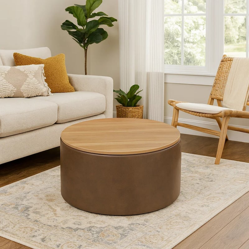 Mesy Storage Ottoman, 30 Inch Round Lift Tray Top, Brown Faux Leather