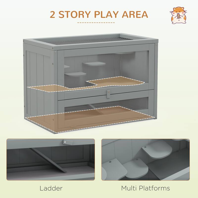 Grey Wooden Hamster Cage with Ramp and Platforms for Mice and Small Rodents - 23.5" L x 13.75" W x 16.5" H