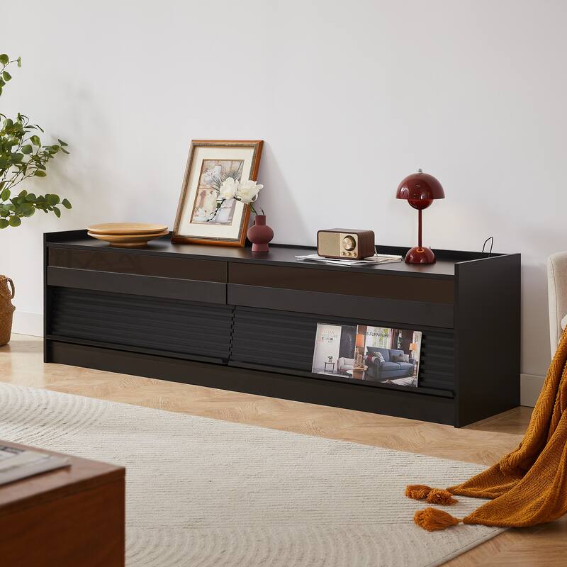 Roomfitters Modern TV Stand with 4 Drawers, Tempered Glass, Charging Ports and Ambient Lighting, Ample Storage