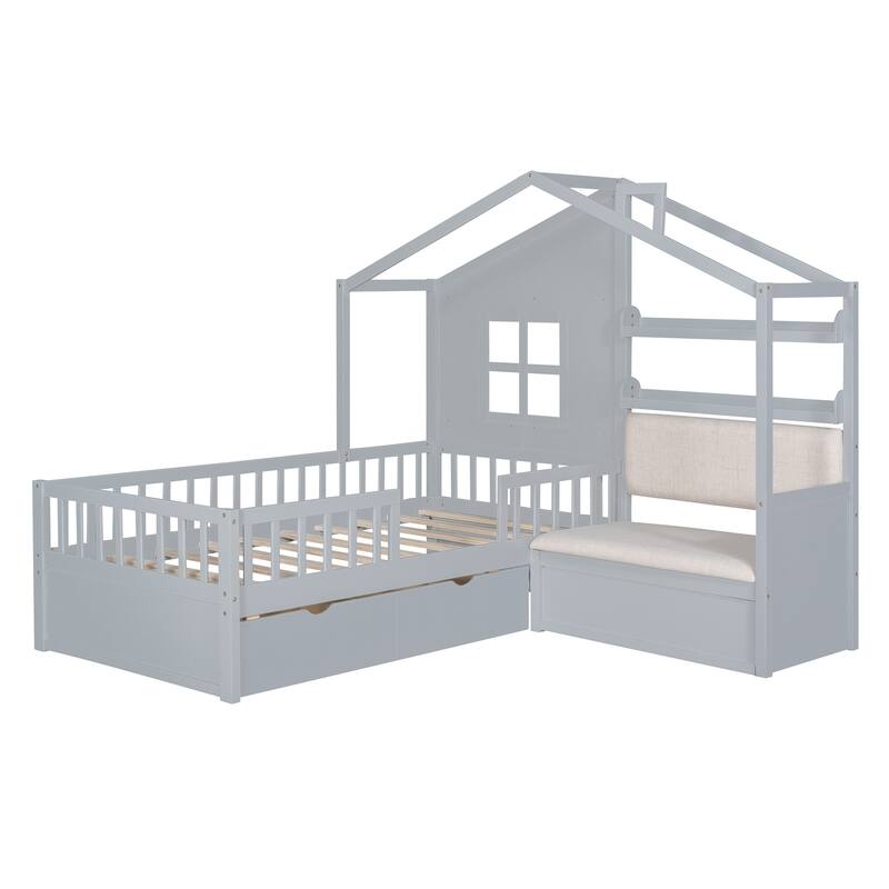 Twin Size House Bed for Kids with Linen Sofa, Storage Drawers, and Shelf, Playhouse Design, White/Grey