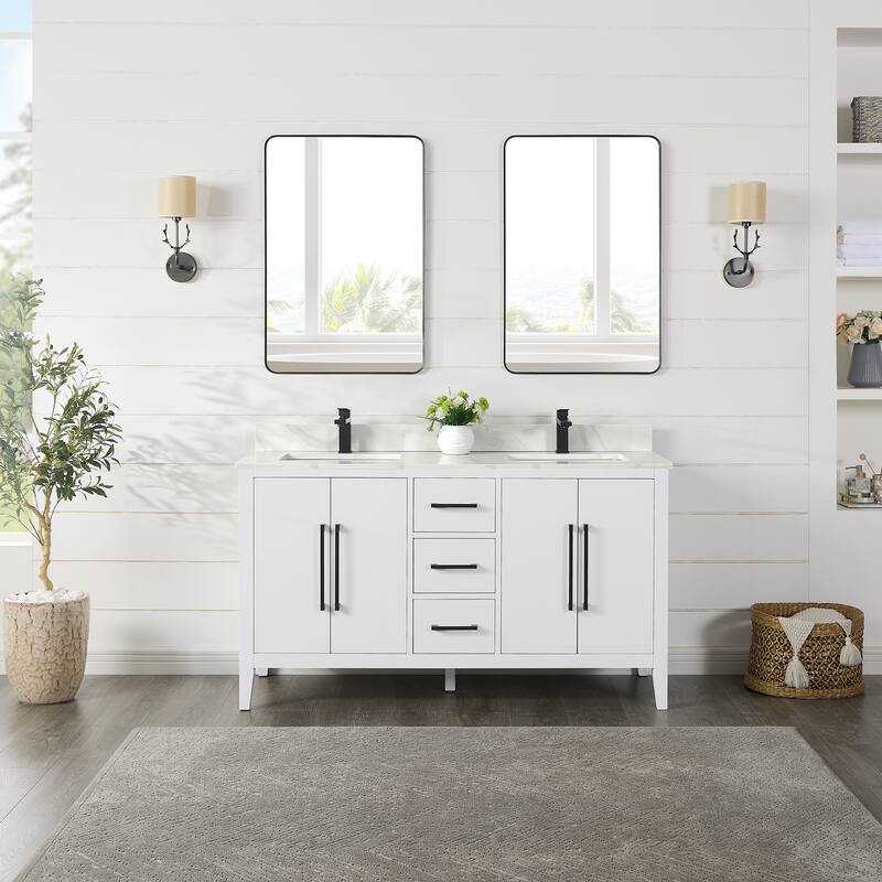 Altair Laurel Bath Vanity with Calacatta White Quartz Stone Countertop with Mirror