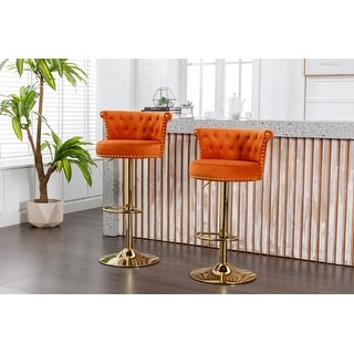 Orange Velvet Adjustable Swivel Barstool Kitchen Bar Chairs, Set of 2