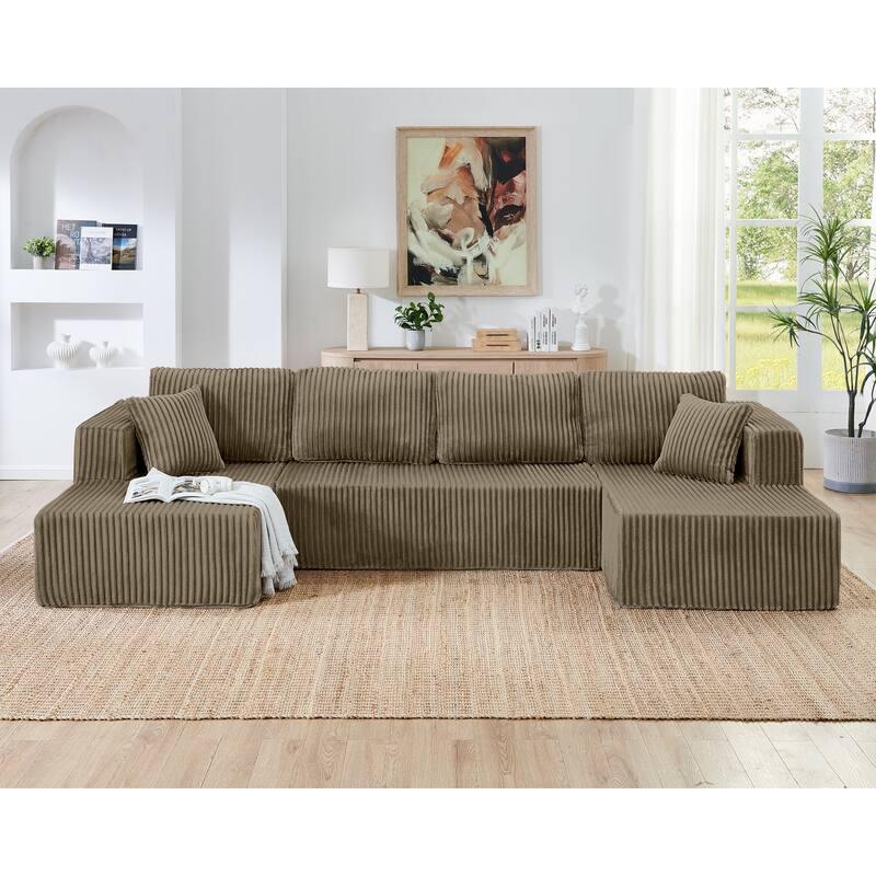 U Shape Modular Sectional Sofa with Dual Chaise Lounges, Corduroy Upholstered Sleeper Sofa, Comfy Compressed Sectional Sofa