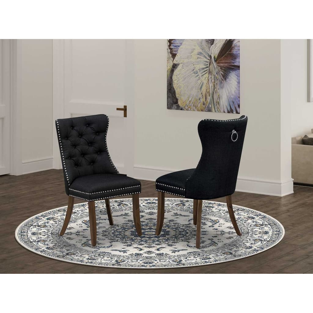 Parson Dining Chairs Set of 2 - Black Linen Upholstered Accent Chairs - Antique Walnut Legs