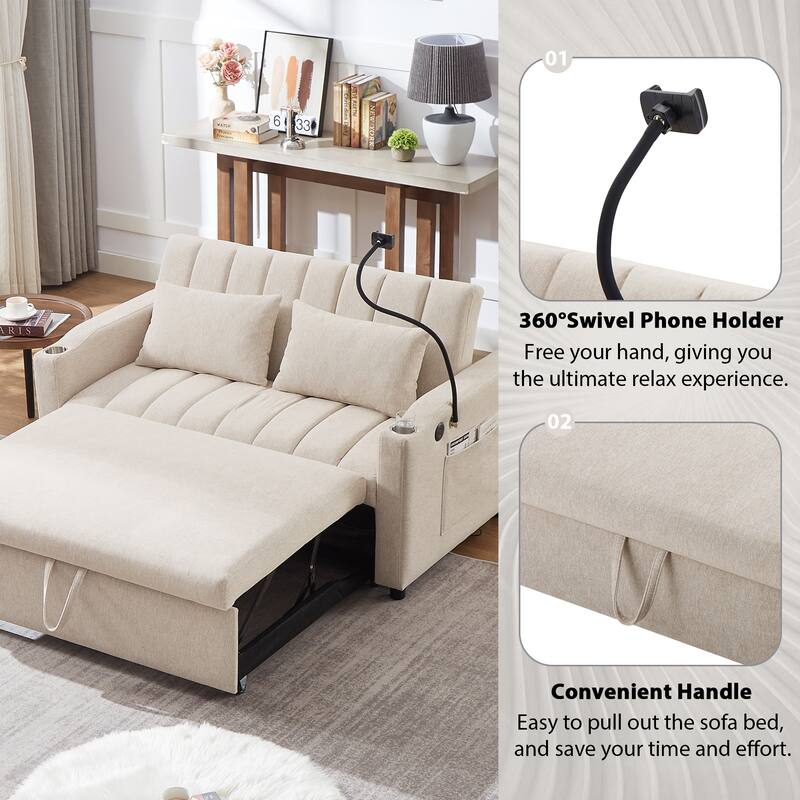 55.9" Convertible Sofa Bed Loveseat Sofa with Three USB Ports, Two Side Pockets, Two Cup Holders and 360°Swivel Phone Holder