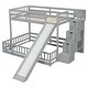 preview thumbnail 27 of 38, Twin Over Full Size Floor Bunk Bed with Slide and Safety Guardrails, Wooden Bunk Bedframe with Storage Staircase and Fence