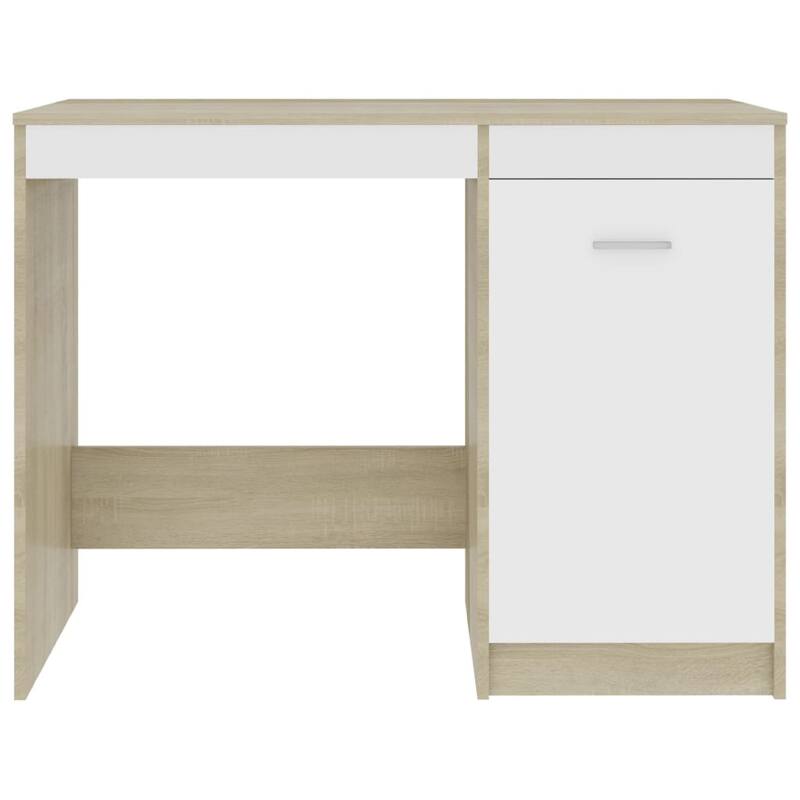 Ami Office Desk with Cabinet, White and Oak Beige Wood, Chrome Handle