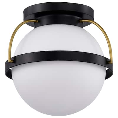 Lakeshore 1 Light Small Flush - Matte Black & Natural Brass Finish - White Opal Glass