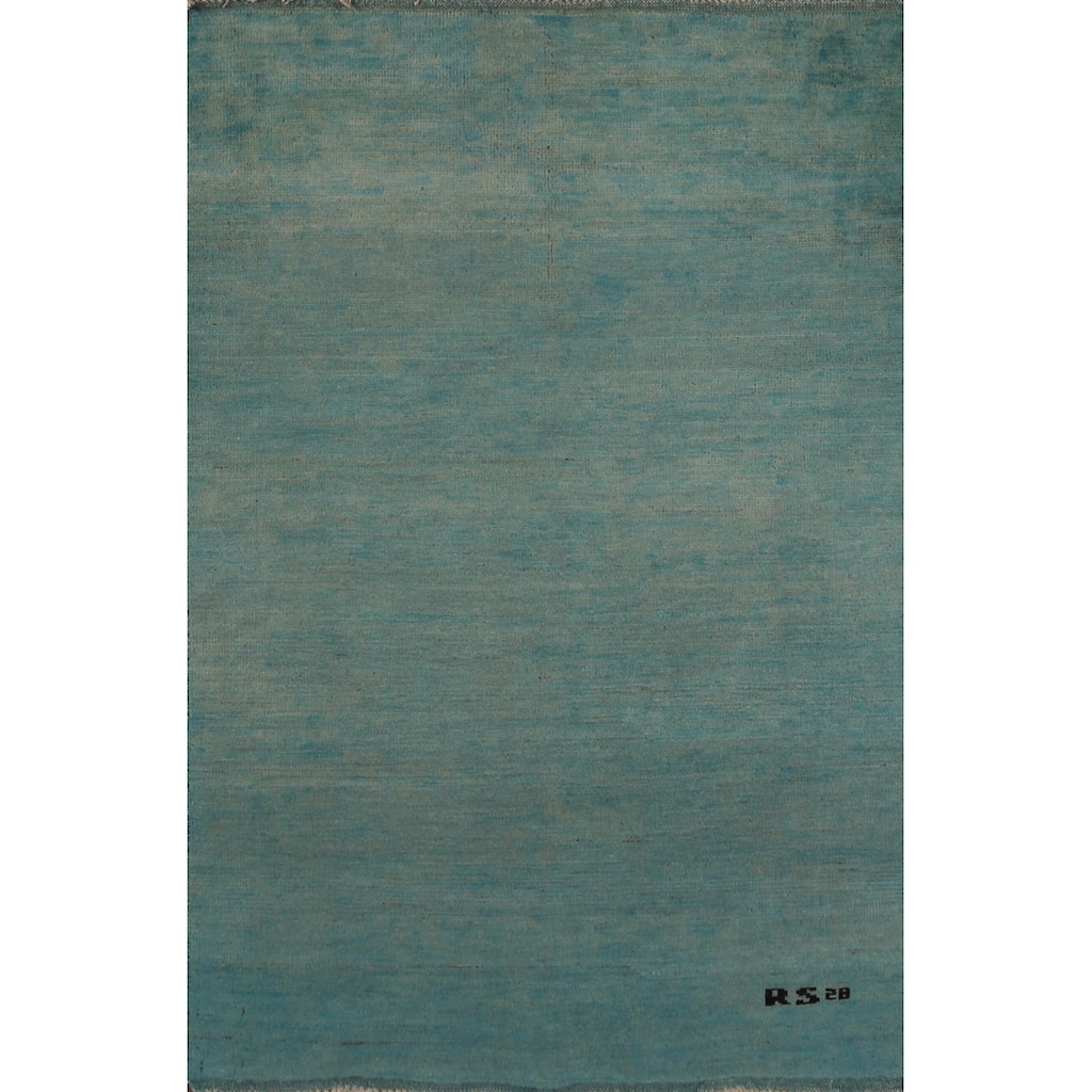 Gabbeh Accent Modern Rug Hand-Knotted Blue Solid Wool Carpet - 3'11" x 4'11"