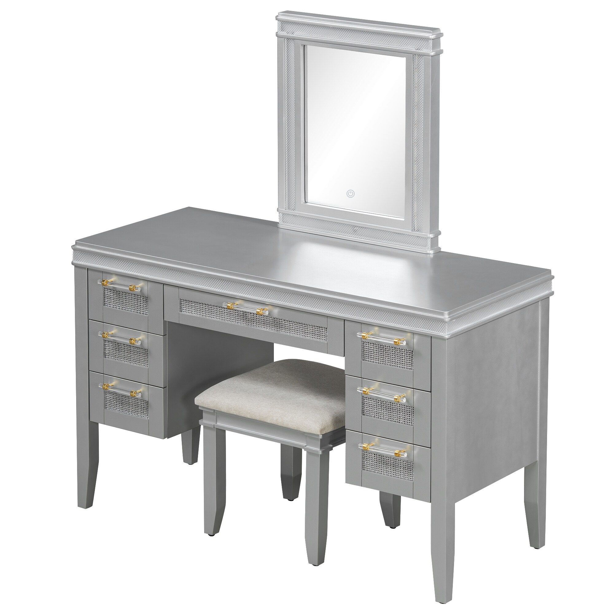 LED Dressing Table & Upholstered Stool Set of 2, 48" Makeup Vanity Desk with Mirror and Lights - Overstock - 43735115 LED Dressing Table & Upholstered Stool Set of 2, 48" Makeup Vanity Desk with Mirror and Lights - Overstock - 43735115