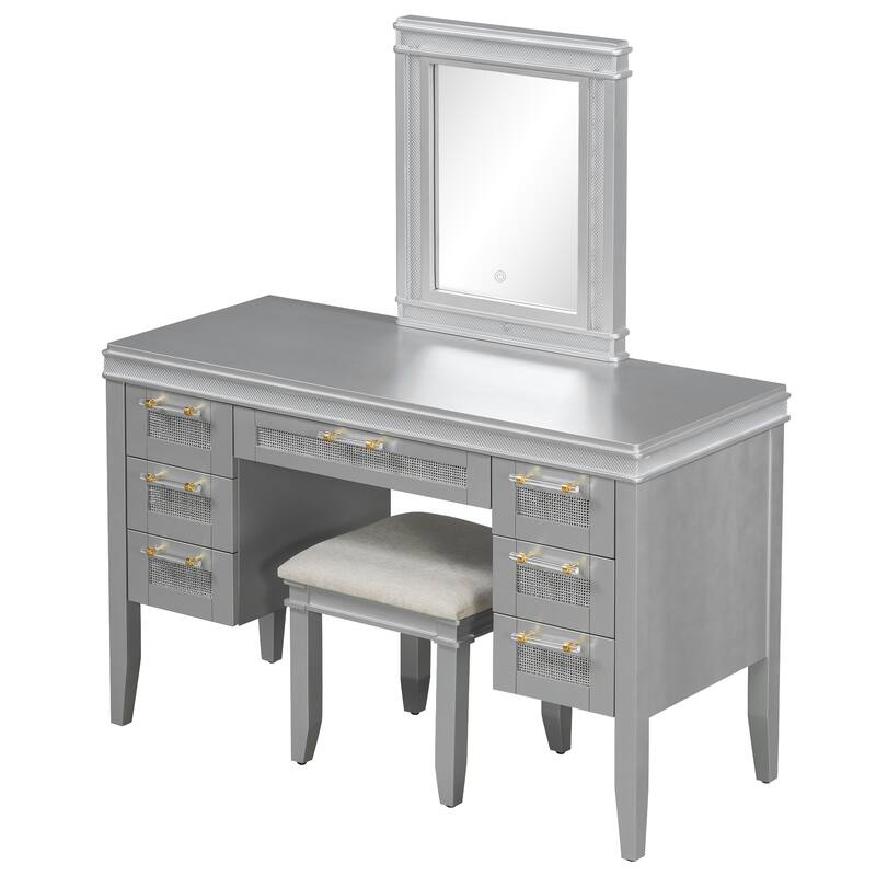 LED Dressing Table & Upholstered Stool Set of 2, 48" Makeup Vanity Desk with Mirror and Lights