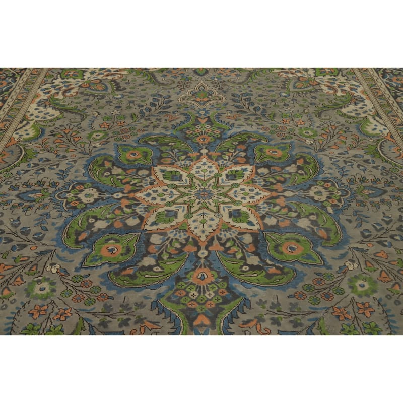 Hand Knotted Oriental 100% Wool Carpet Traditional Floral Greys & Charcoal Tabriz Area Rug - 12' 7'' X 9' 6''