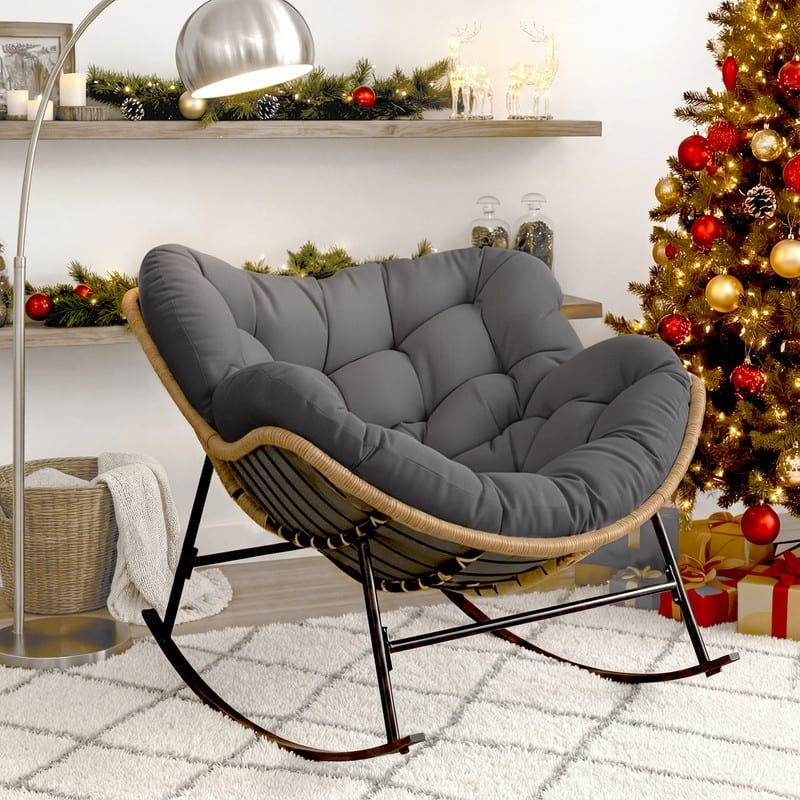 FINCATI Indoor Outdoor Royal Papasan Rocking Chair, 450 lbs Capacity Outdoor Papasan Rocking Chair with Padded Cushion - 1 PC-Grey