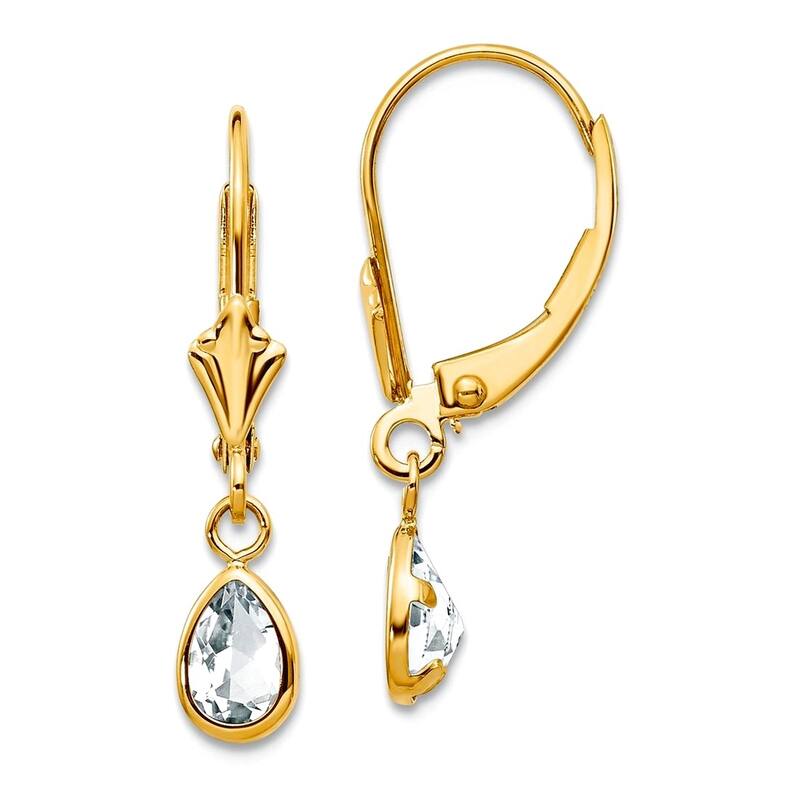 Curata 14k Yellow Gold Bezel 4x6mm Pear Gemstone Birthstone Leverback Earrings - 23x4mm - White Topaz