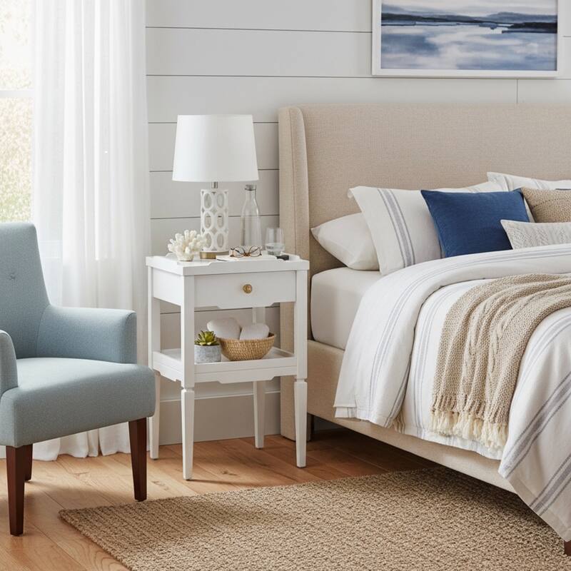 Mid Century Nightstand with Drawer and Lower Shelf Tapered Legs - White