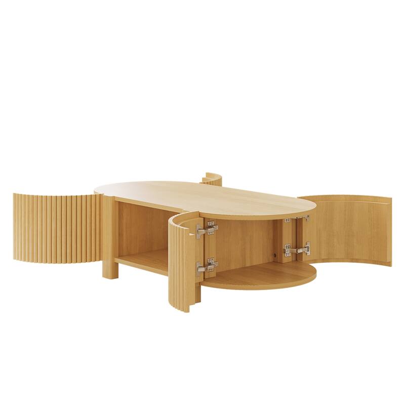 47" Oval Fluted Coffee Table with Storage, Rubber Wood, 1 Shelf & 2 Doors - Natural