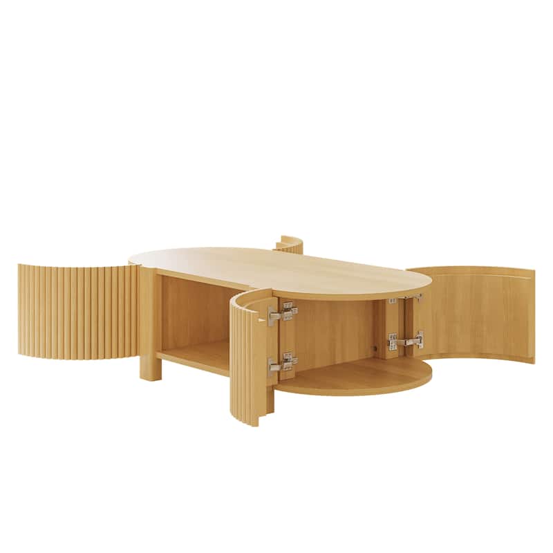 Oval Fluted Coffee Table Sofa Table with Storage for Living Room, Natural End Table Center Table with Open Shelf