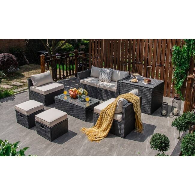 8 Pieces Patio Rattan Storage Table Furniture Set - 25" x 25" x 4" (L x W x D)