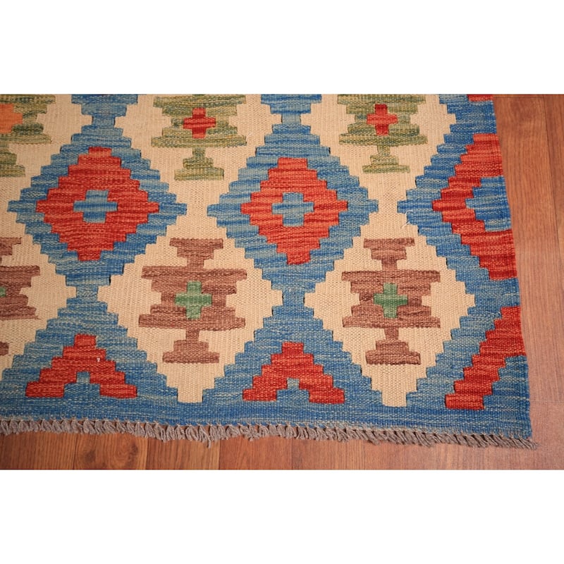 All-Over Trellis Colorful Kilim Large Rug Flatweave Wool Carpet - 10'1" x 15'10"