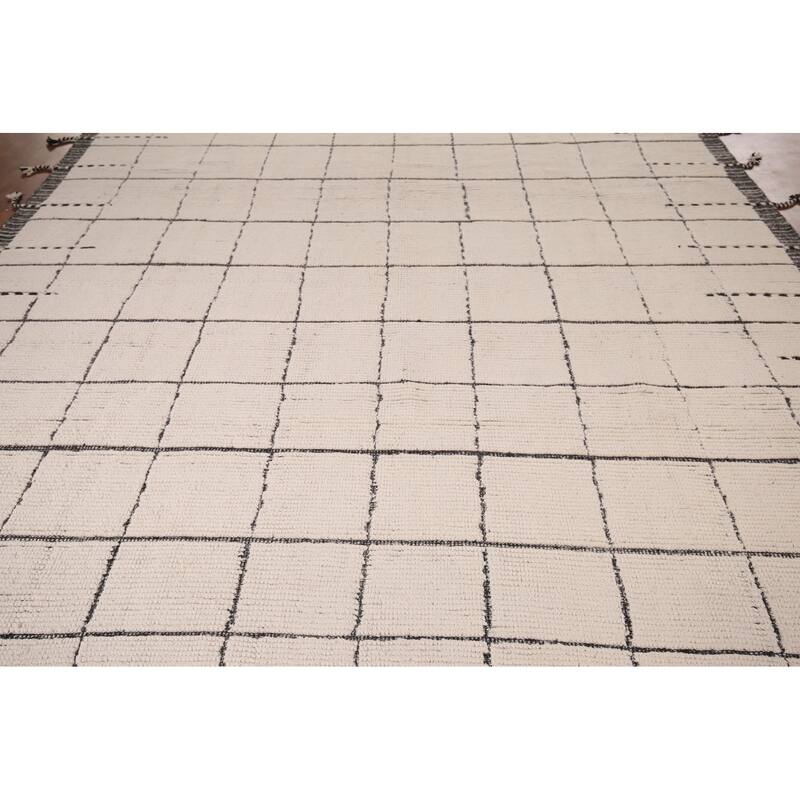 Checkered Moroccan Oriental Area Rug Hand-Knotted Wool Carpet - 8'11" x 12'9"