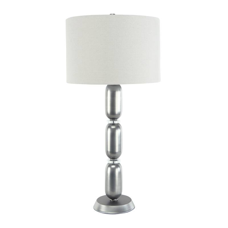 Modern Stacked Metal Table Lamp with Glass Accents and Linen Shade