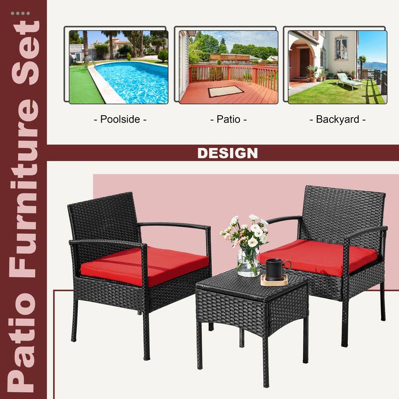 Outdoor Furniture 3 Piece Patio Bistro Furniture Set, Rattan Conversation Chairs Set with Side Table and Cushions
