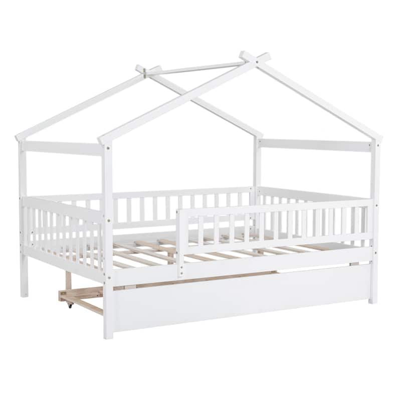 White Full Size Pine Wood House Platform Bed with Trundle and ...