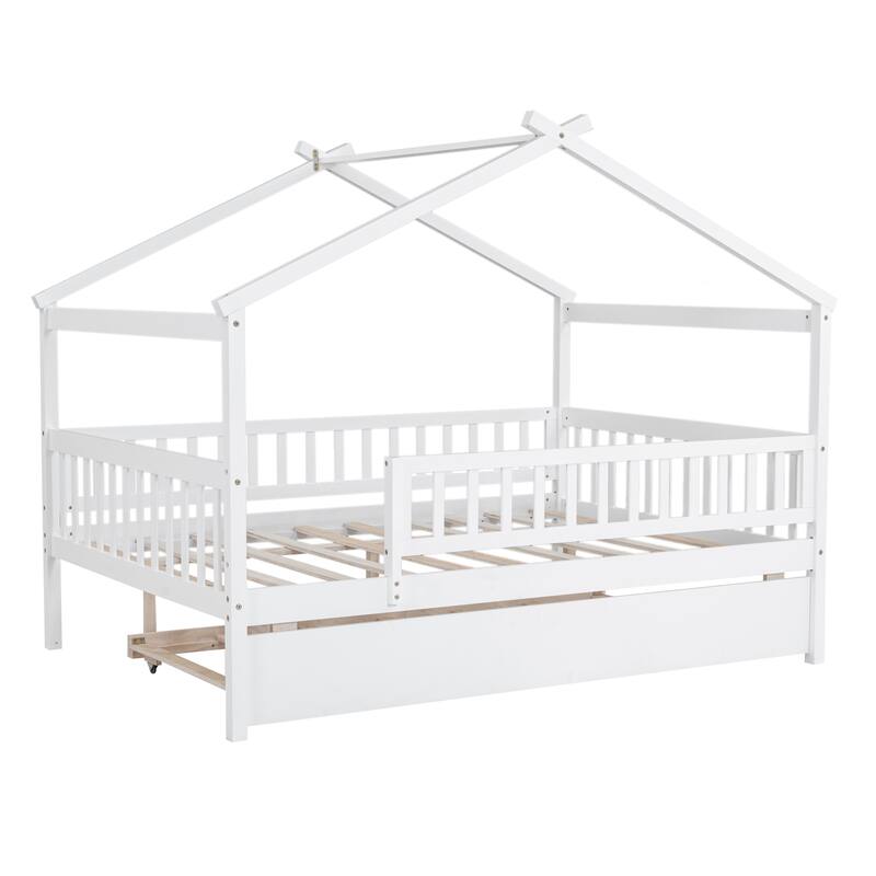 White Full Size Wooden House Bed with Twin Trundle for Kids